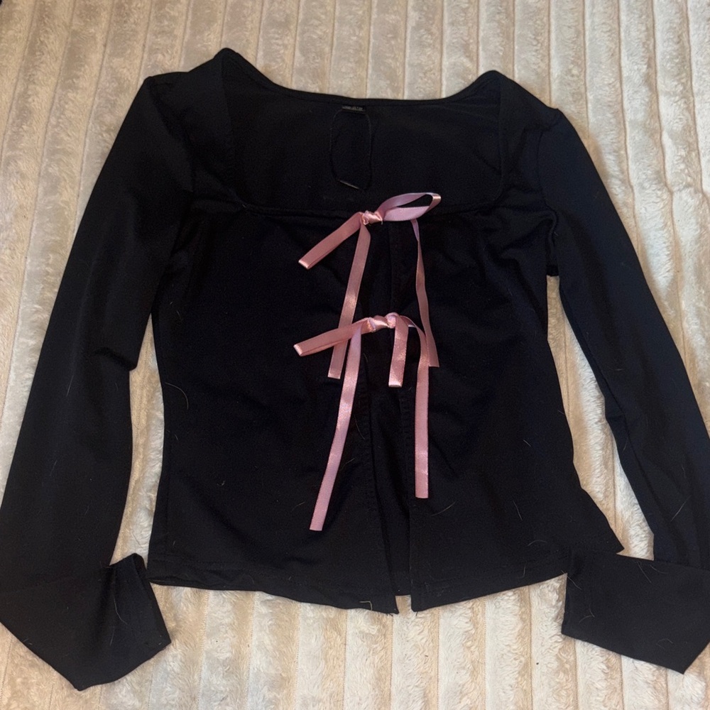SHEIN Black Blouse with Pink Ribbon Detail